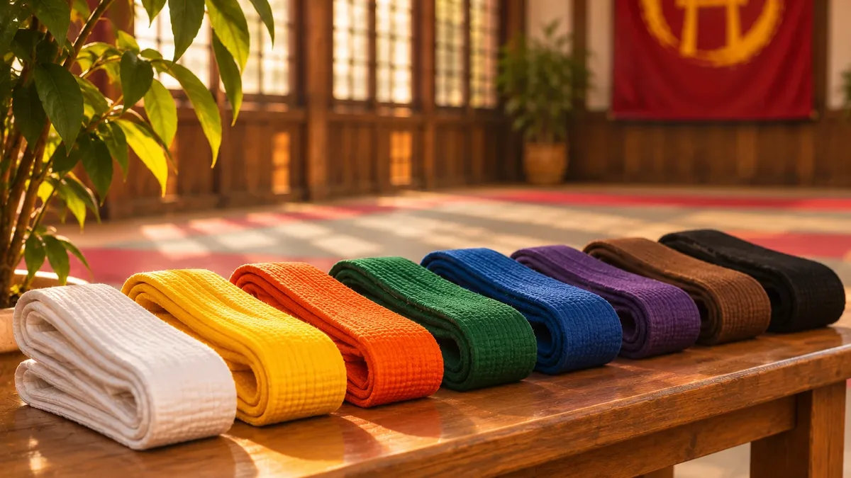 A row of folded belts in rank colors on a bench.